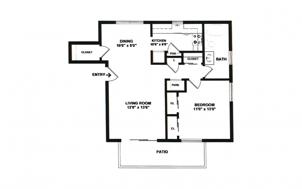Balboa - 1 bedroom floorplan layout with 1 bath and 701 square feet.