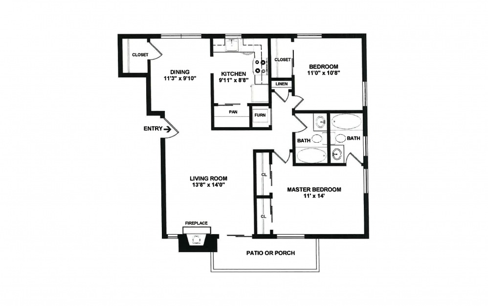 Coronado - 2 bedroom floorplan layout with 2 baths and 1001 square feet.