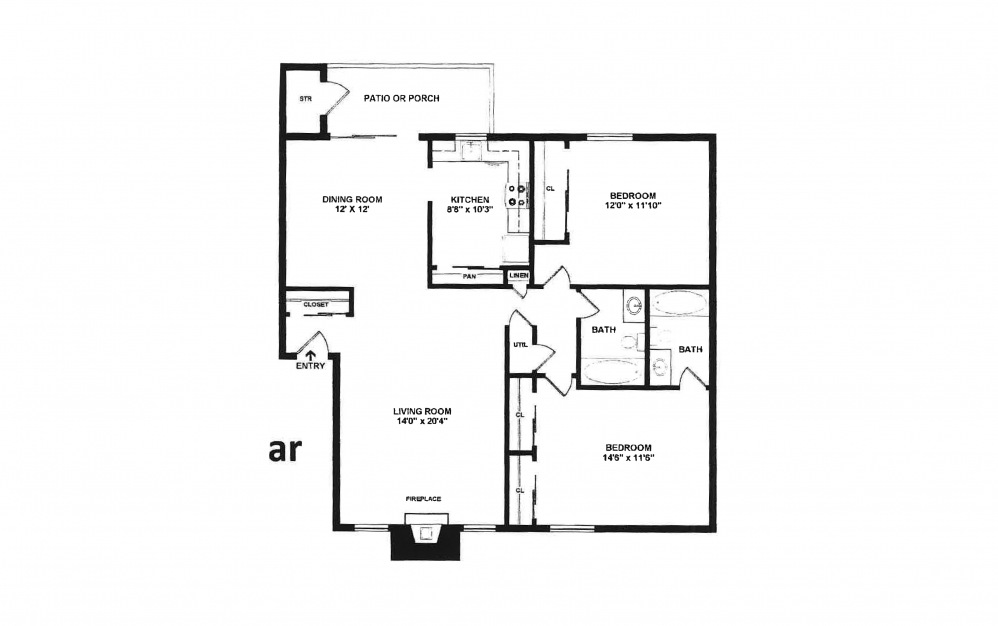 Delmar - 2 bedroom floorplan layout with 2 baths and 1131 square feet.