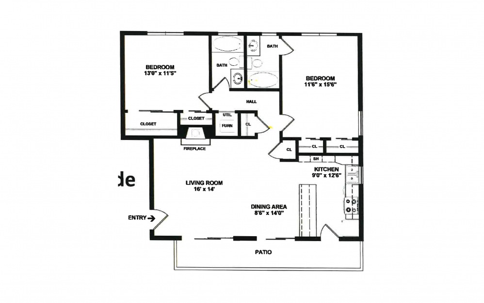 Fireside - 2 bedroom floorplan layout with 2 baths and 1032 square feet.