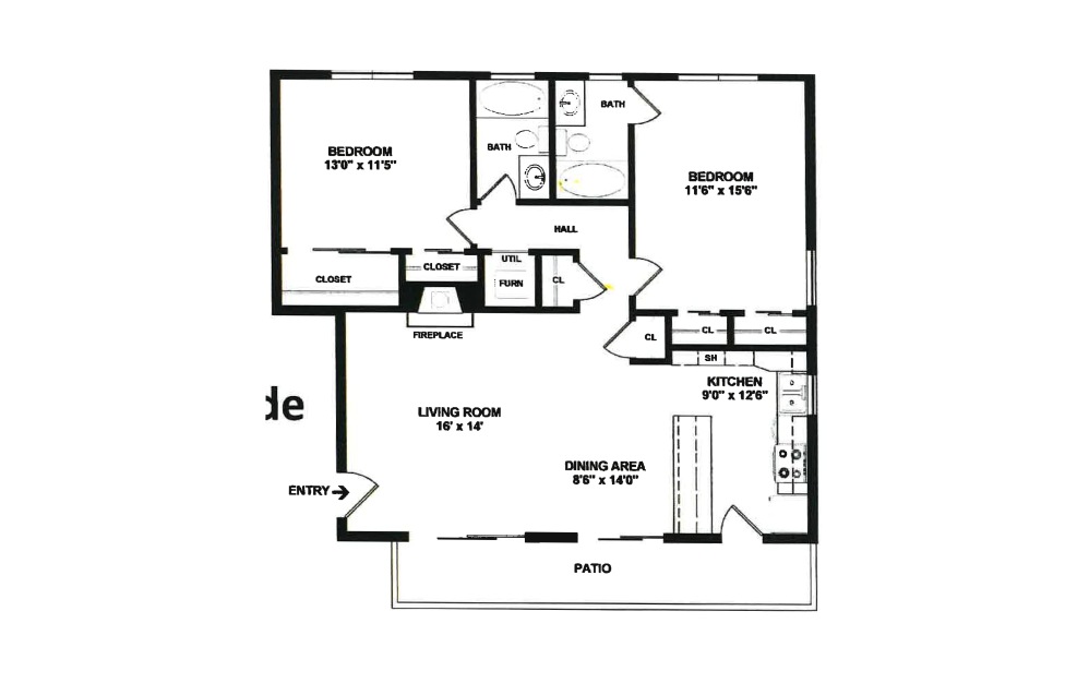 Fireside - 2 bedroom floorplan layout with 2 bathrooms and 1032 square feet