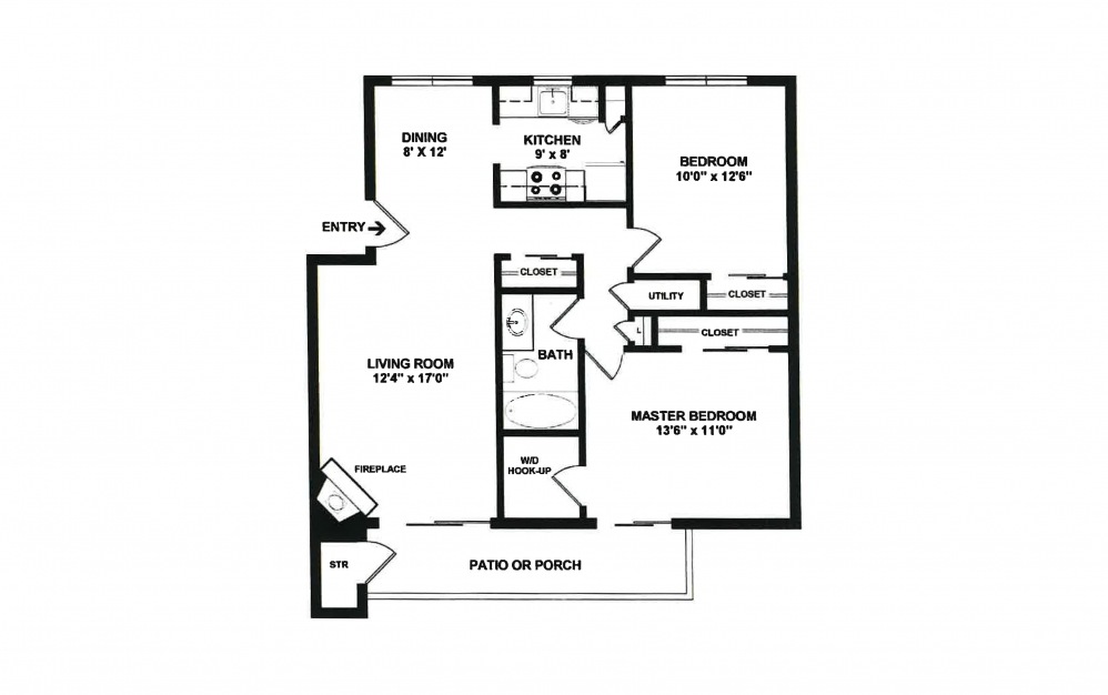 Lakeside - 2 bedroom floorplan layout with 1 bath and 861 square feet.